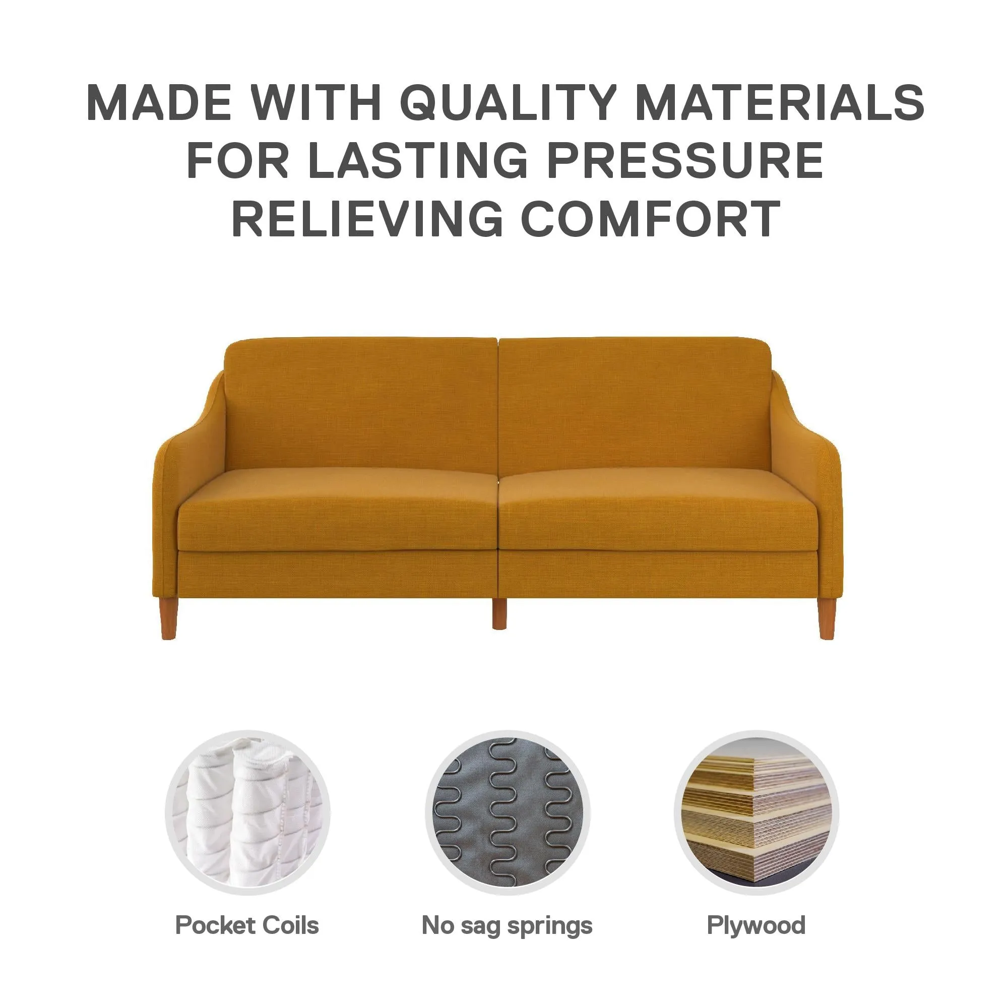 Jasper Coil Futon with Linen or Faux Leather Upholstery and Round Wood Legs