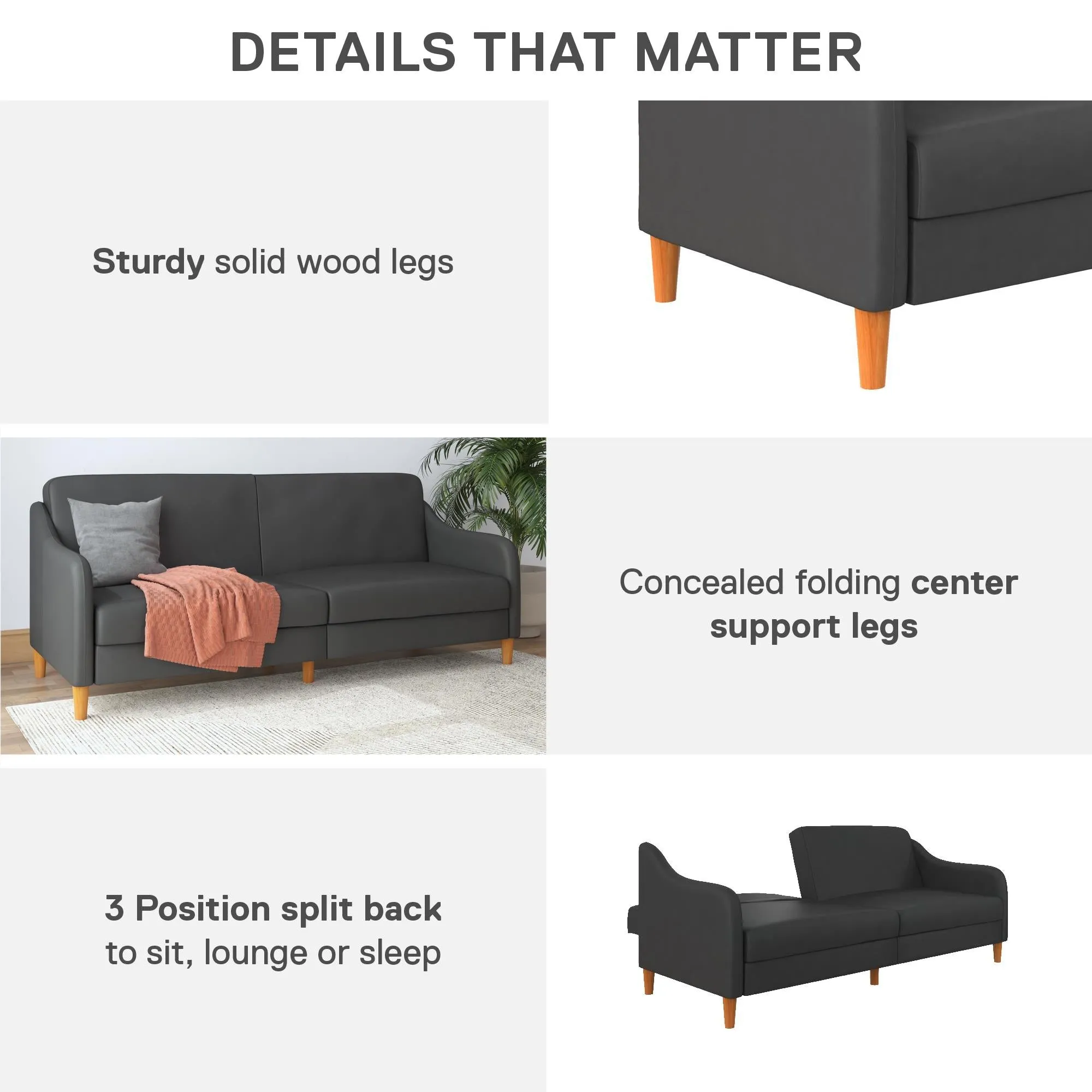 Jasper Coil Futon with Linen or Faux Leather Upholstery and Round Wood Legs