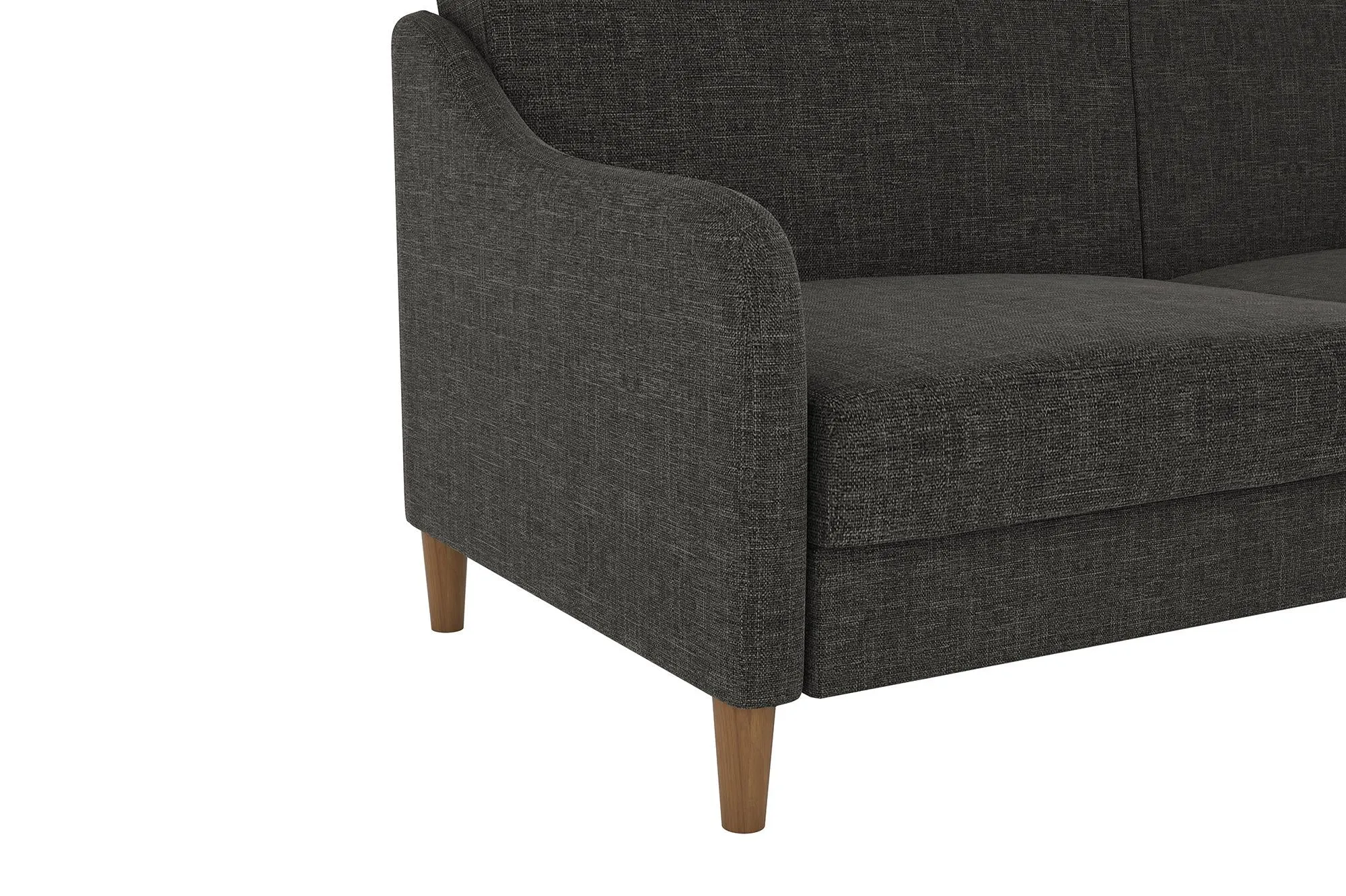 Jasper Coil Futon with Linen or Faux Leather Upholstery and Round Wood Legs