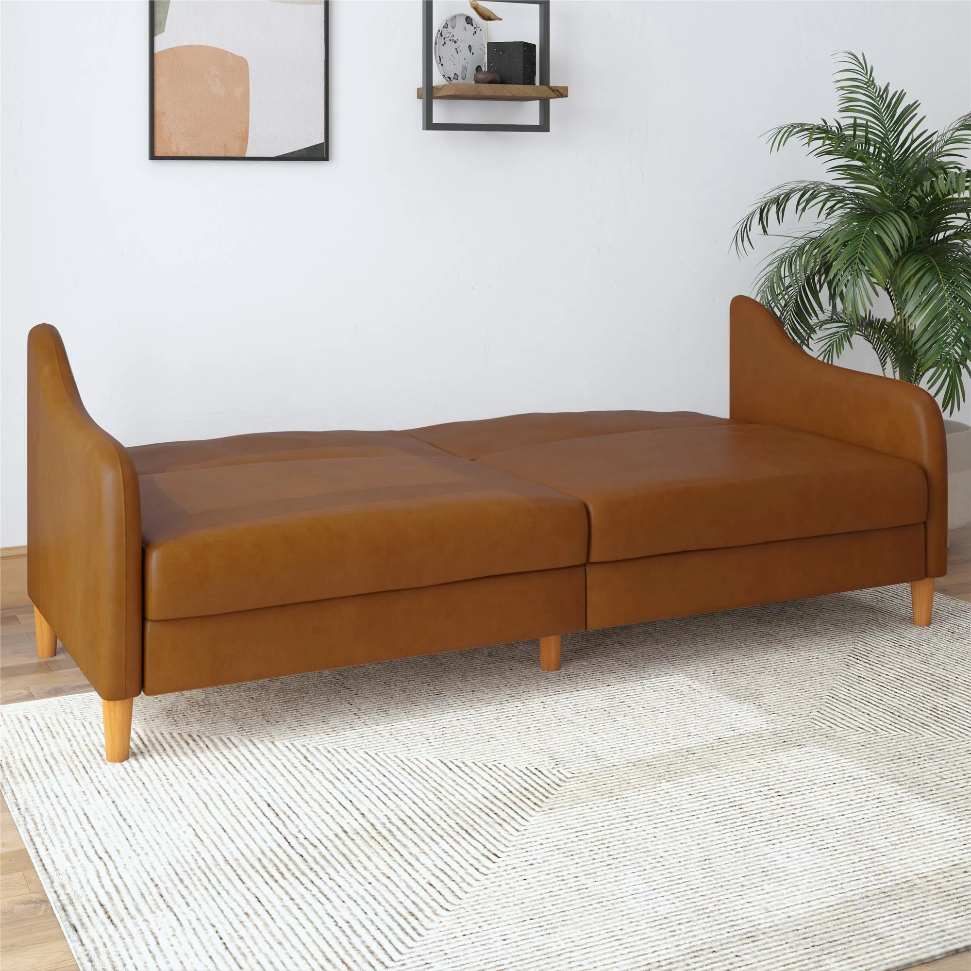 Jasper Coil Futon with Linen or Faux Leather Upholstery and Round Wood Legs