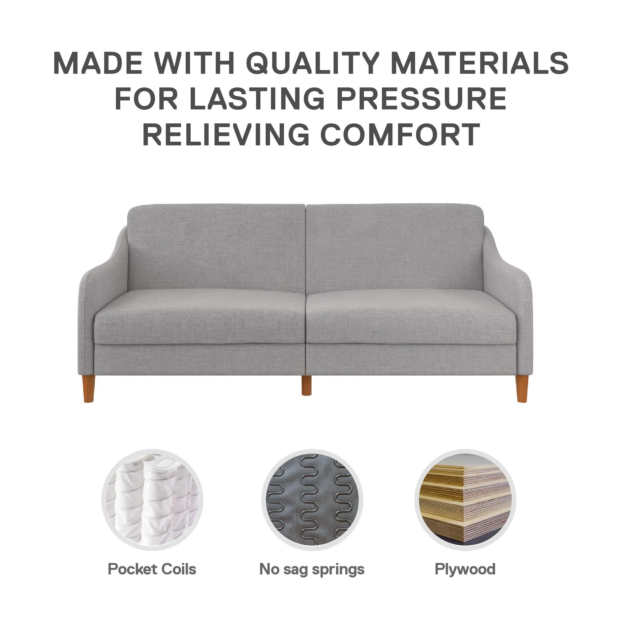 Jasper Coil Futon with Linen or Faux Leather Upholstery and Round Wood Legs