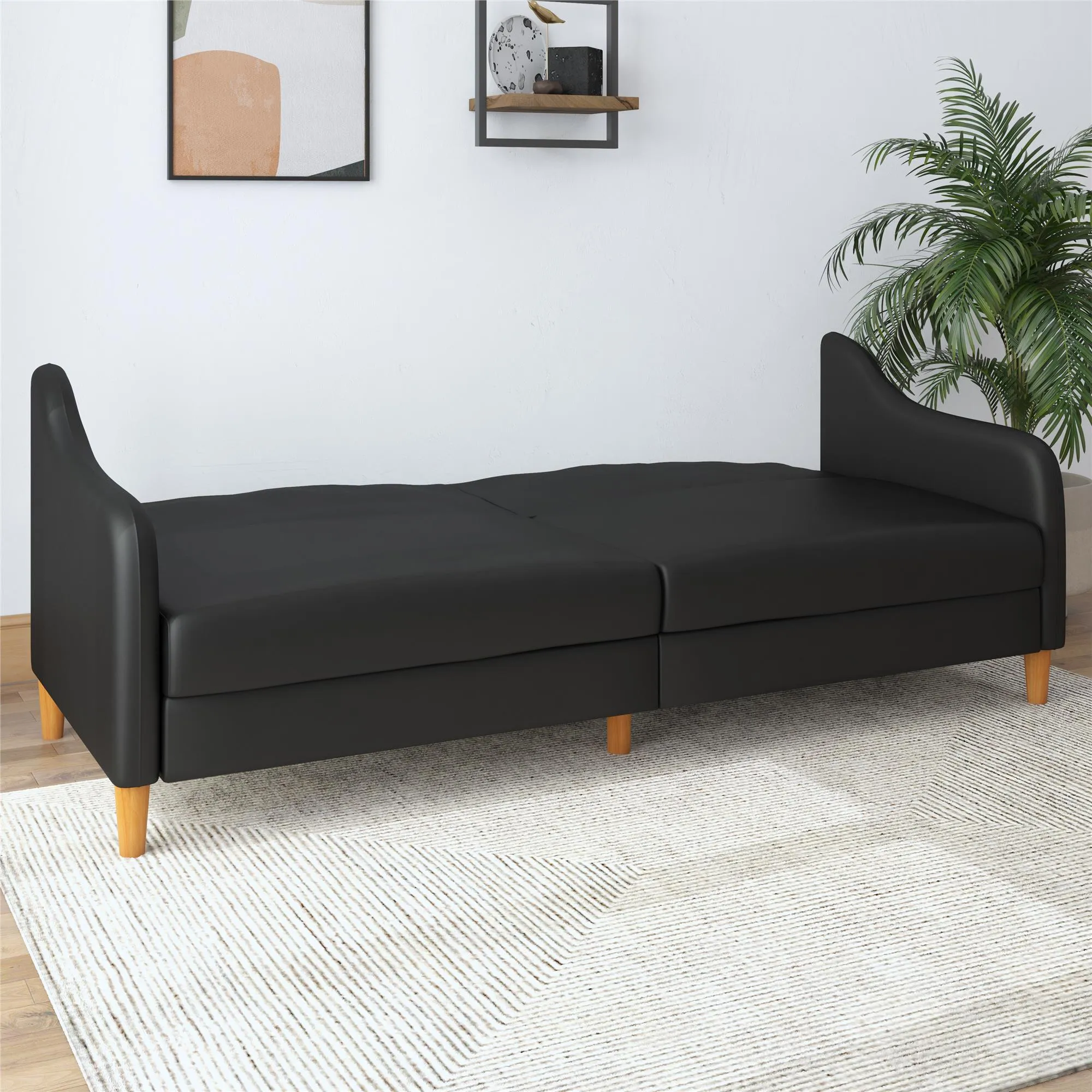 Jasper Coil Futon with Linen or Faux Leather Upholstery and Round Wood Legs