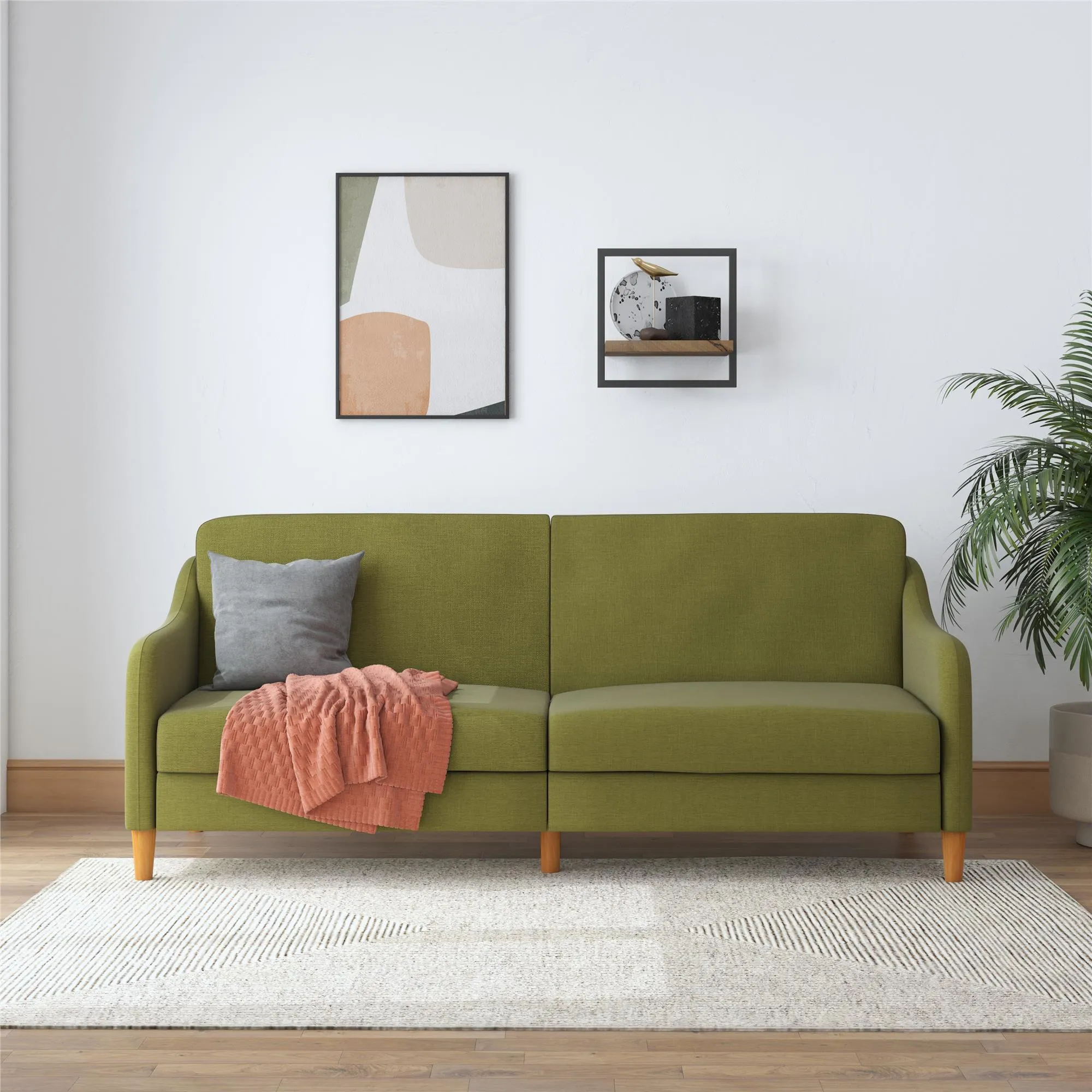 Jasper Coil Futon with Linen or Faux Leather Upholstery and Round Wood Legs