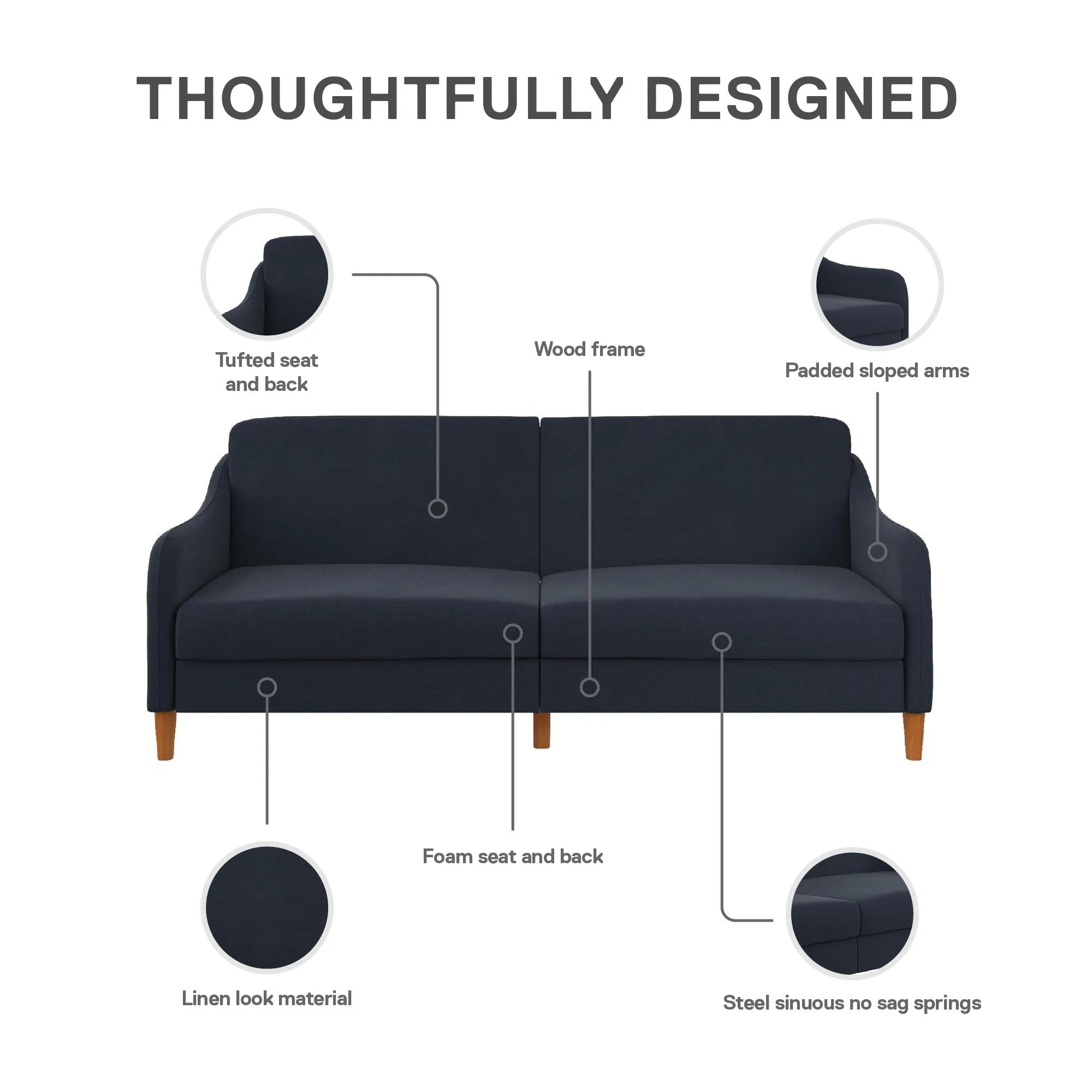 Jasper Coil Futon with Linen or Faux Leather Upholstery and Round Wood Legs
