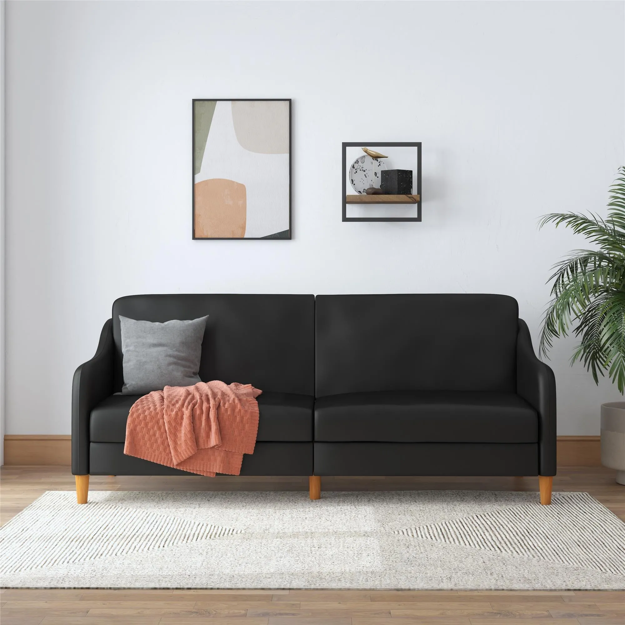 Jasper Coil Futon with Linen or Faux Leather Upholstery and Round Wood Legs