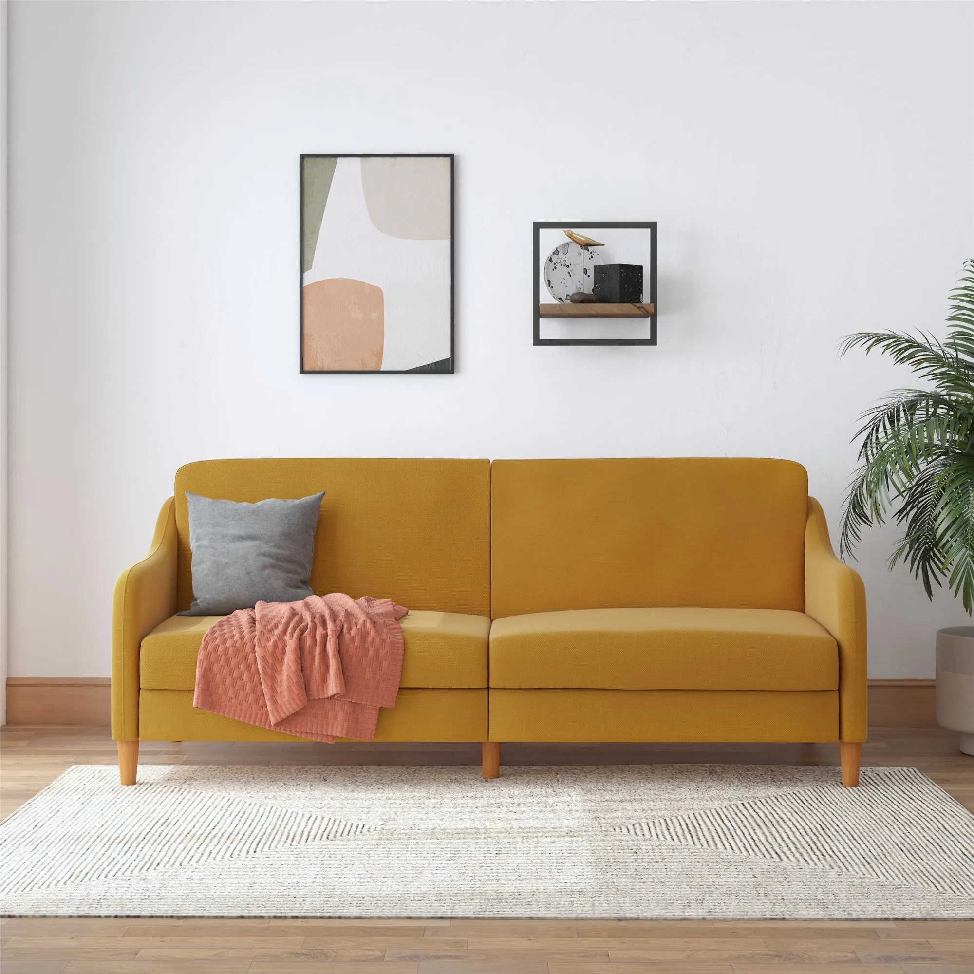 Jasper Coil Futon with Linen or Faux Leather Upholstery and Round Wood Legs