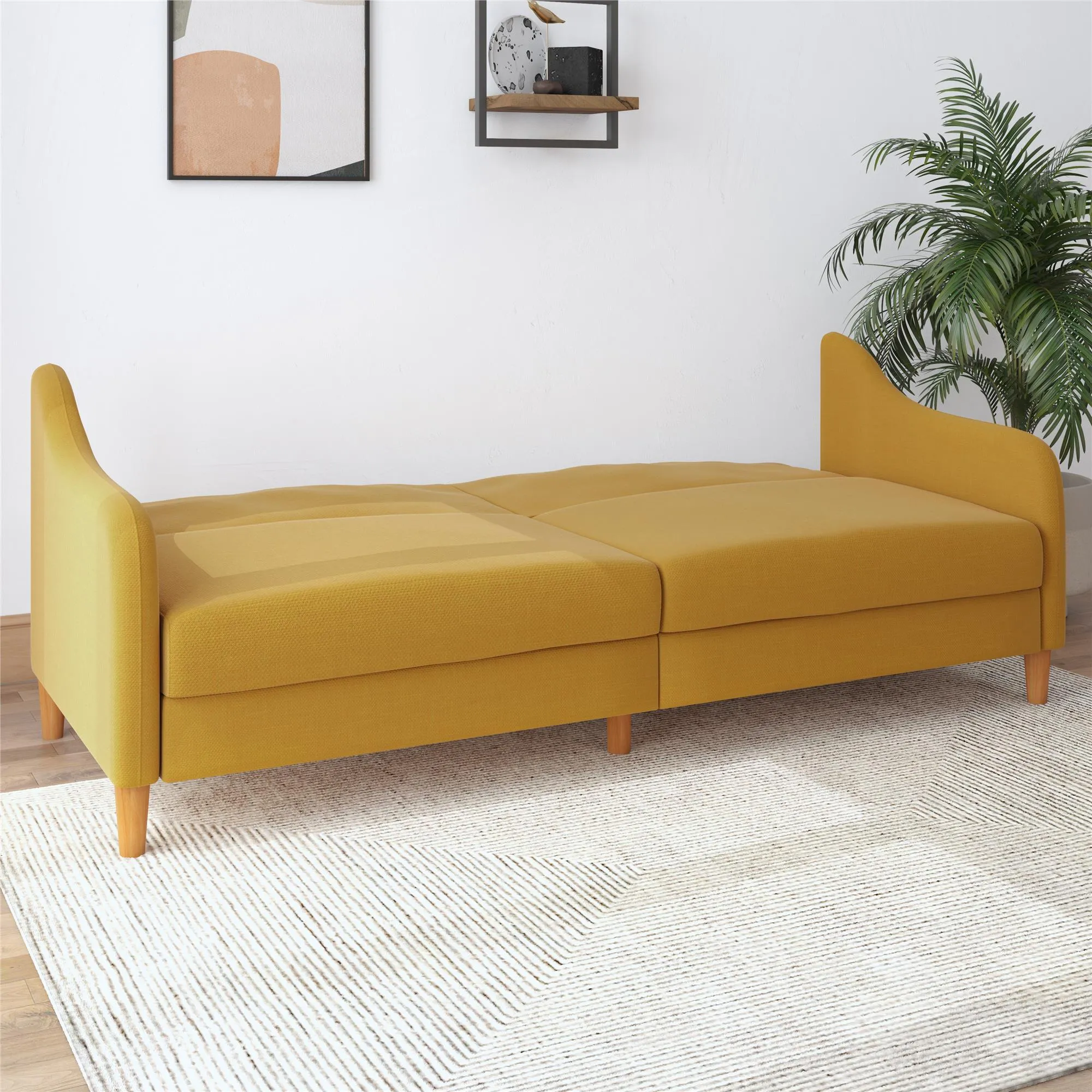 Jasper Coil Futon with Linen or Faux Leather Upholstery and Round Wood Legs
