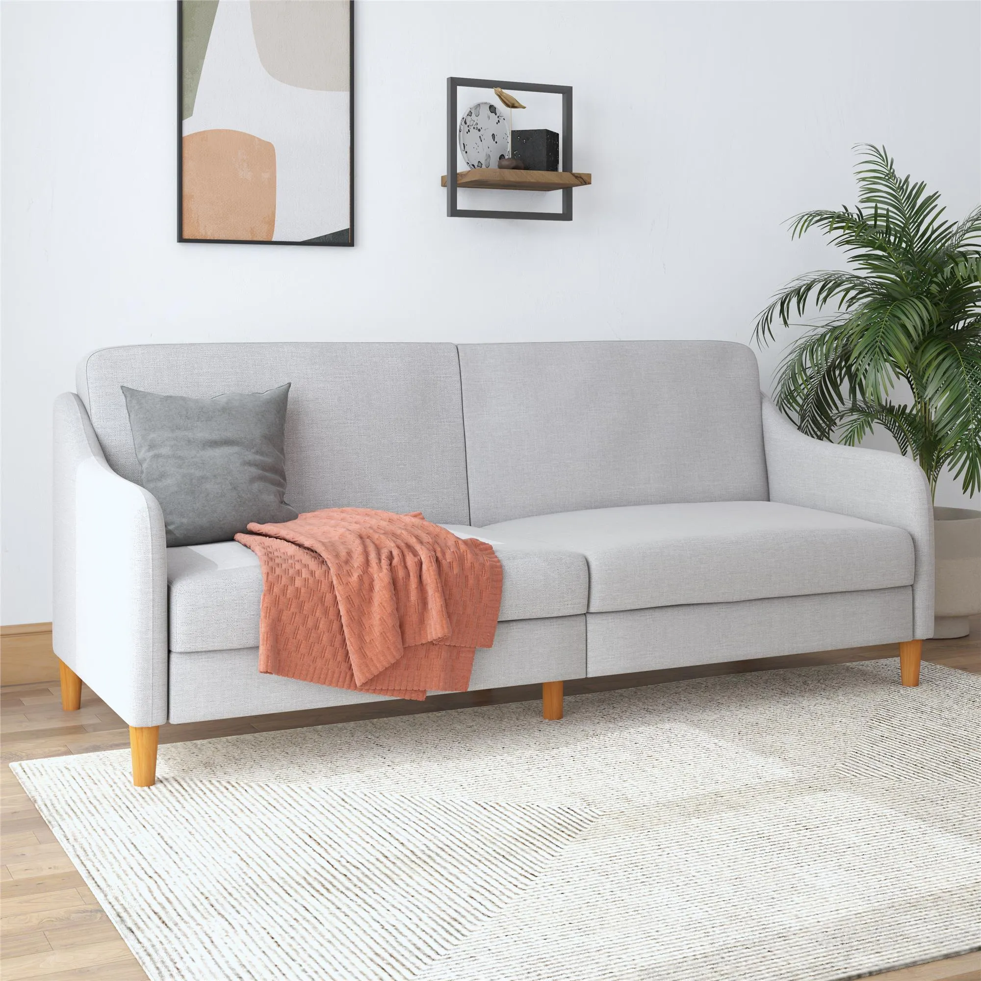 Jasper Coil Futon with Linen or Faux Leather Upholstery and Round Wood Legs