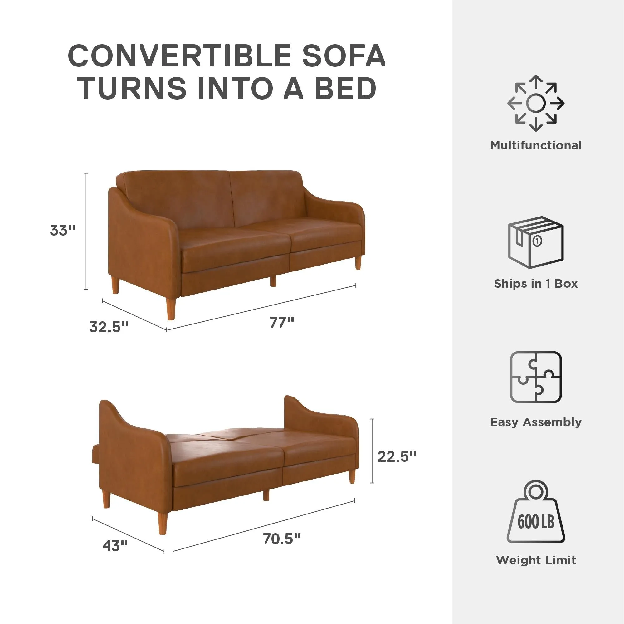 Jasper Coil Futon with Linen or Faux Leather Upholstery and Round Wood Legs
