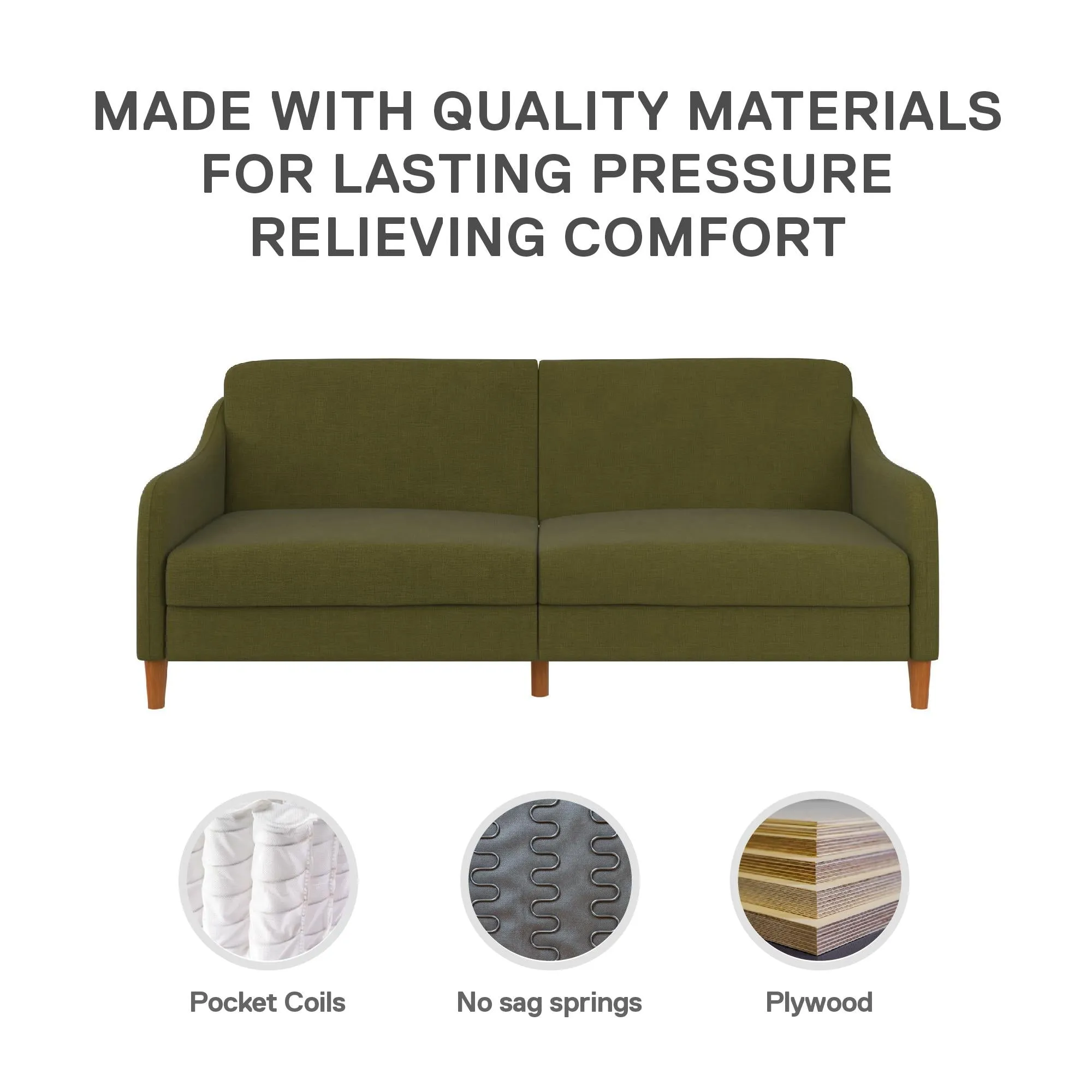 Jasper Coil Futon with Linen or Faux Leather Upholstery and Round Wood Legs