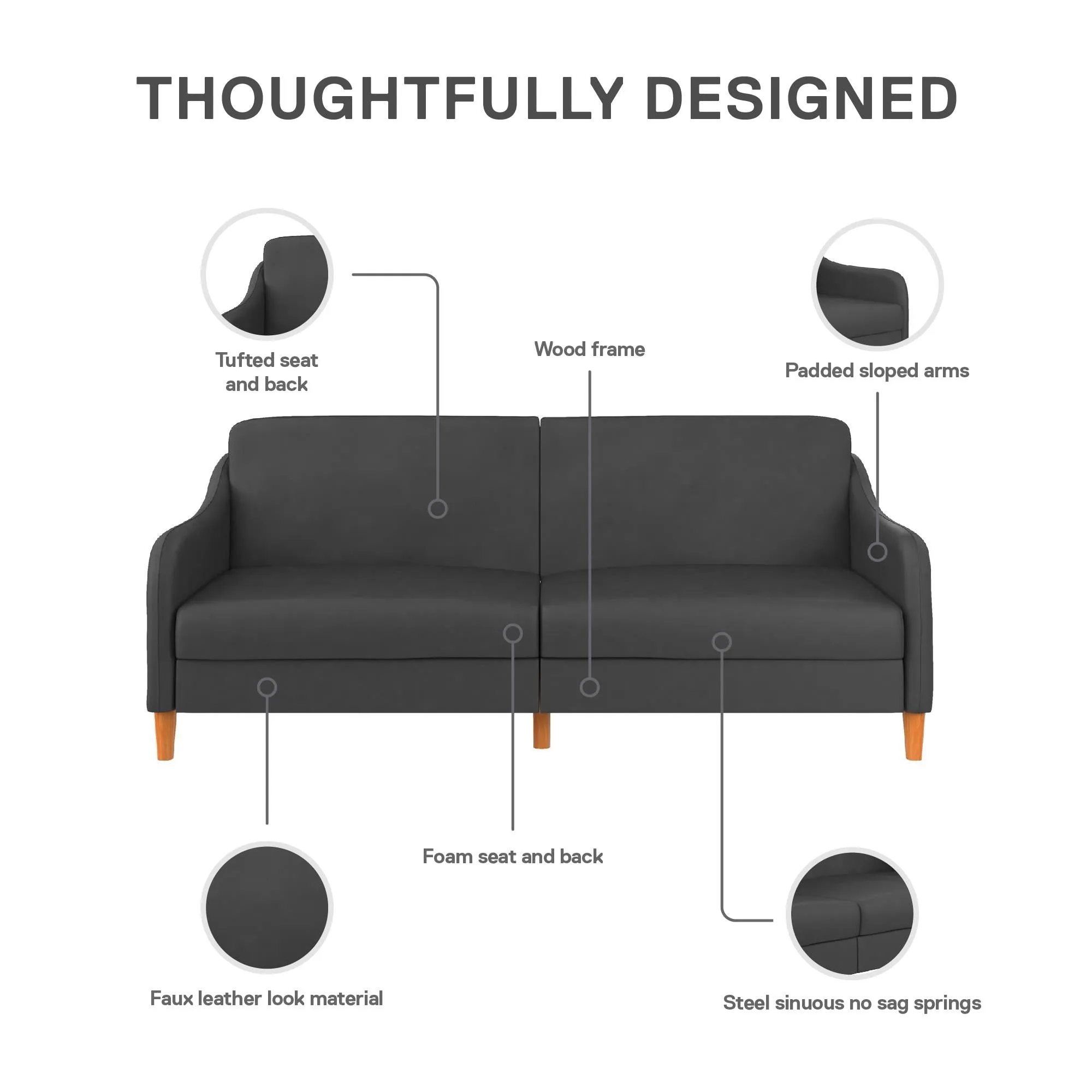 Jasper Coil Futon with Linen or Faux Leather Upholstery and Round Wood Legs