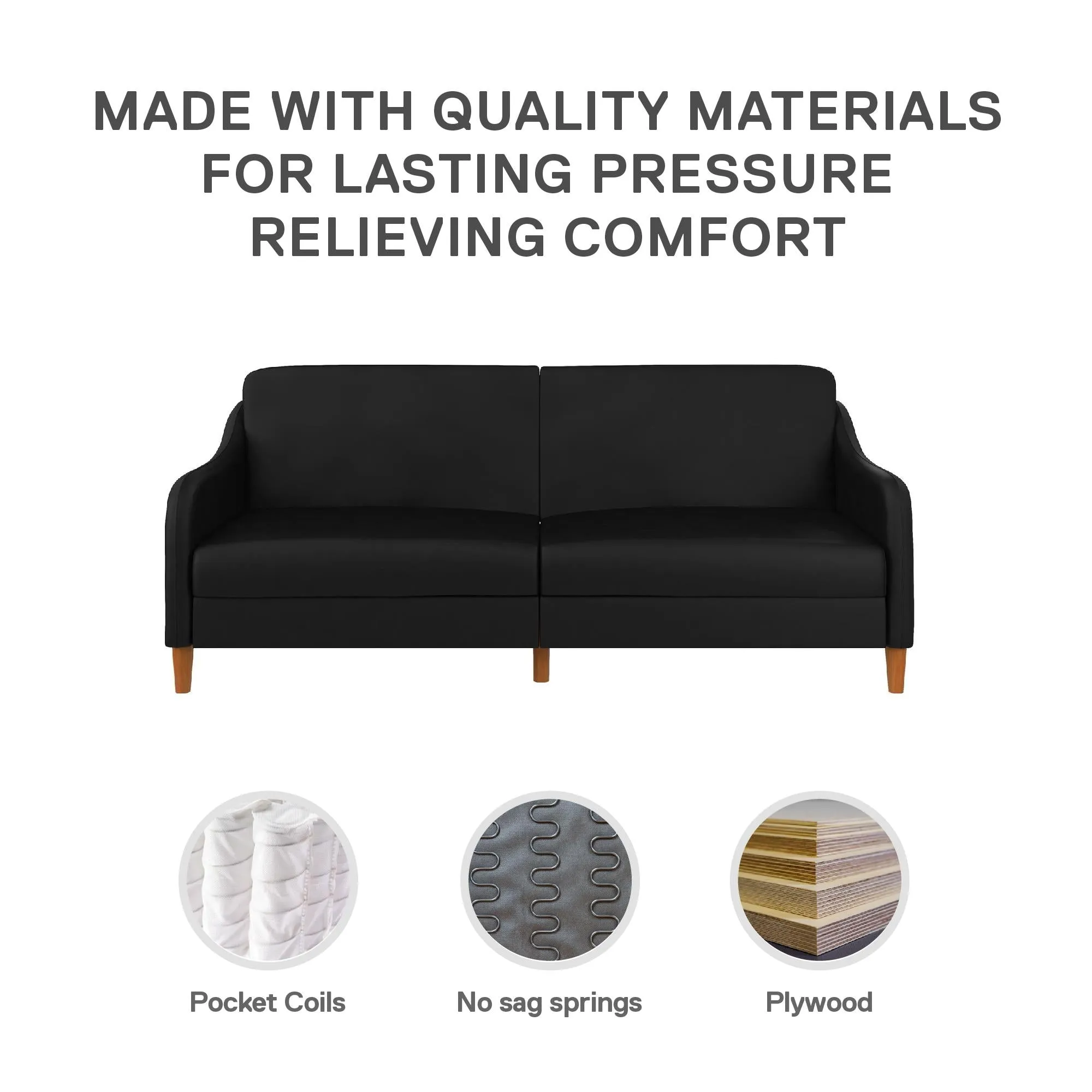 Jasper Coil Futon with Linen or Faux Leather Upholstery and Round Wood Legs