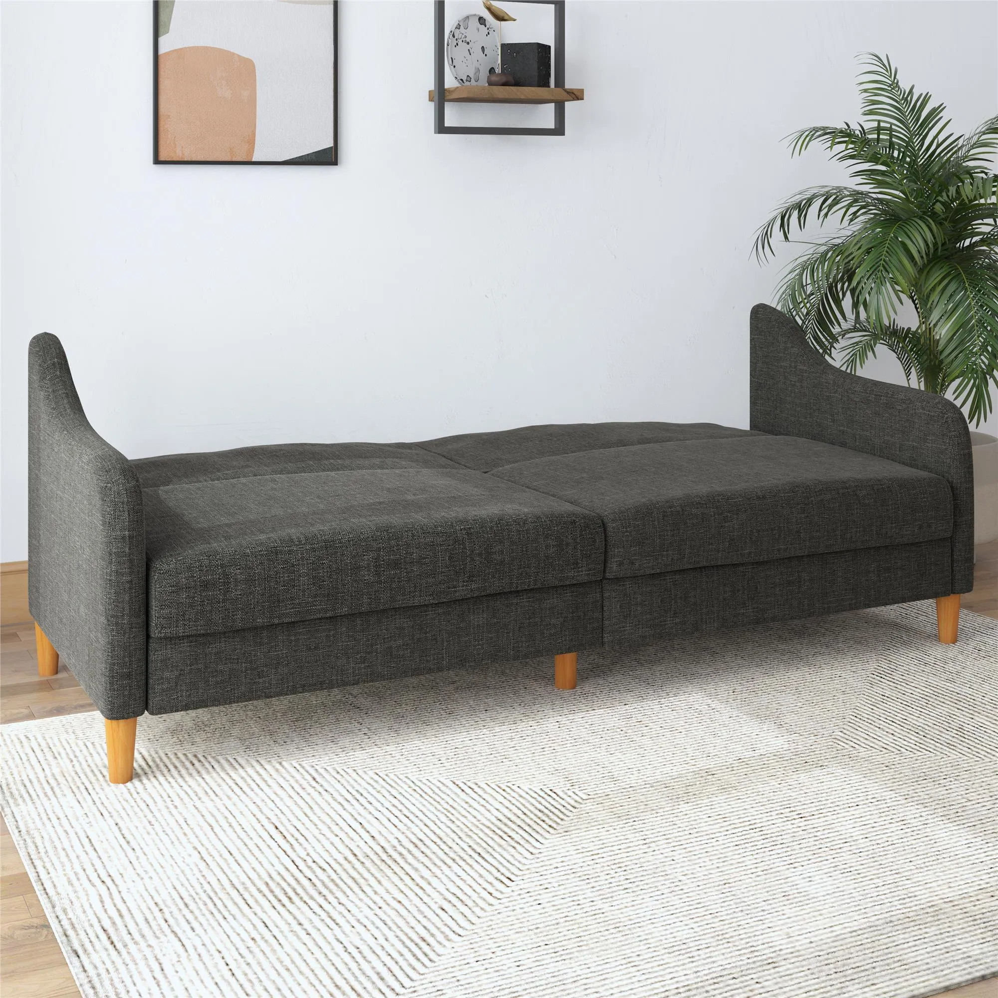 Jasper Coil Futon with Linen or Faux Leather Upholstery and Round Wood Legs