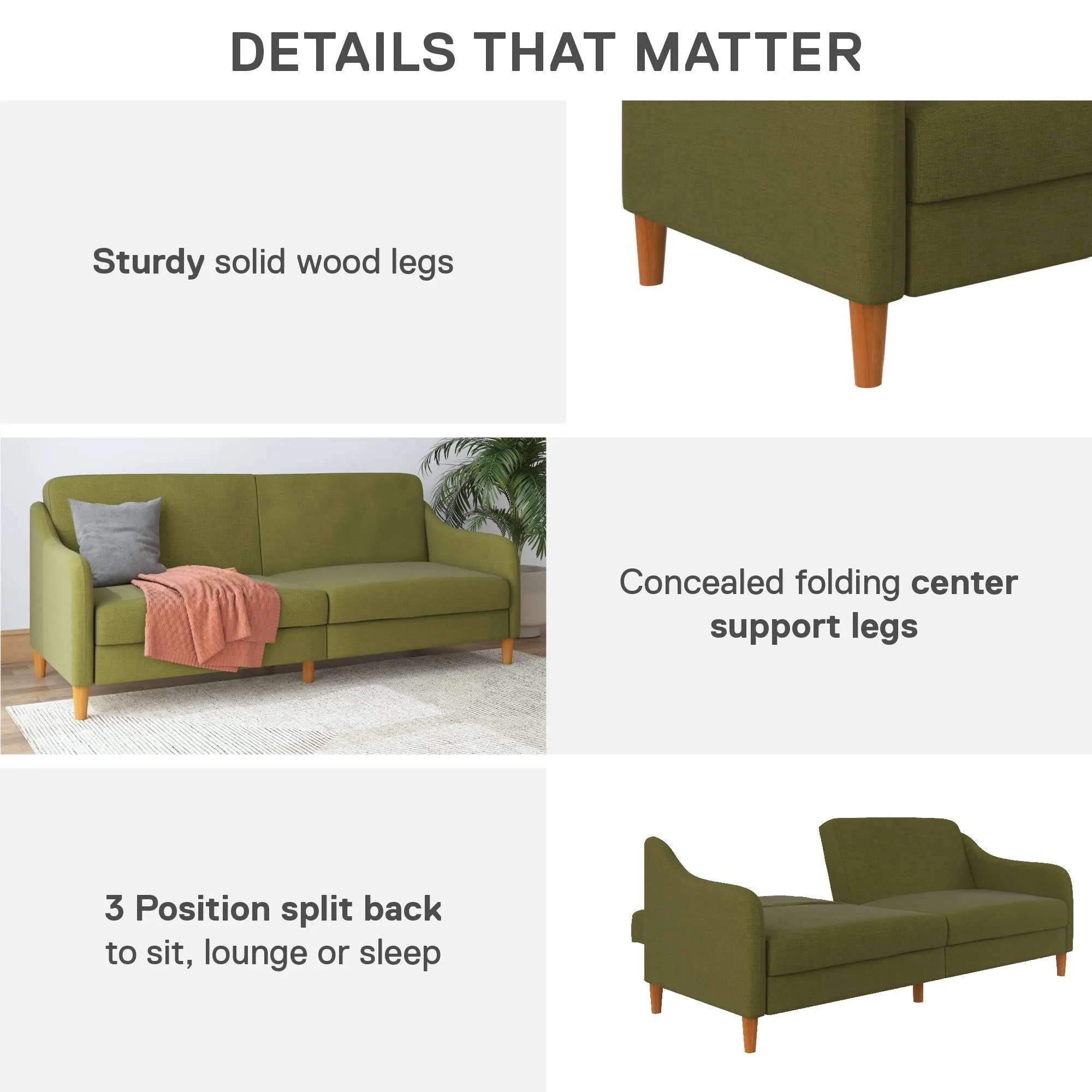 Jasper Coil Futon with Linen or Faux Leather Upholstery and Round Wood Legs