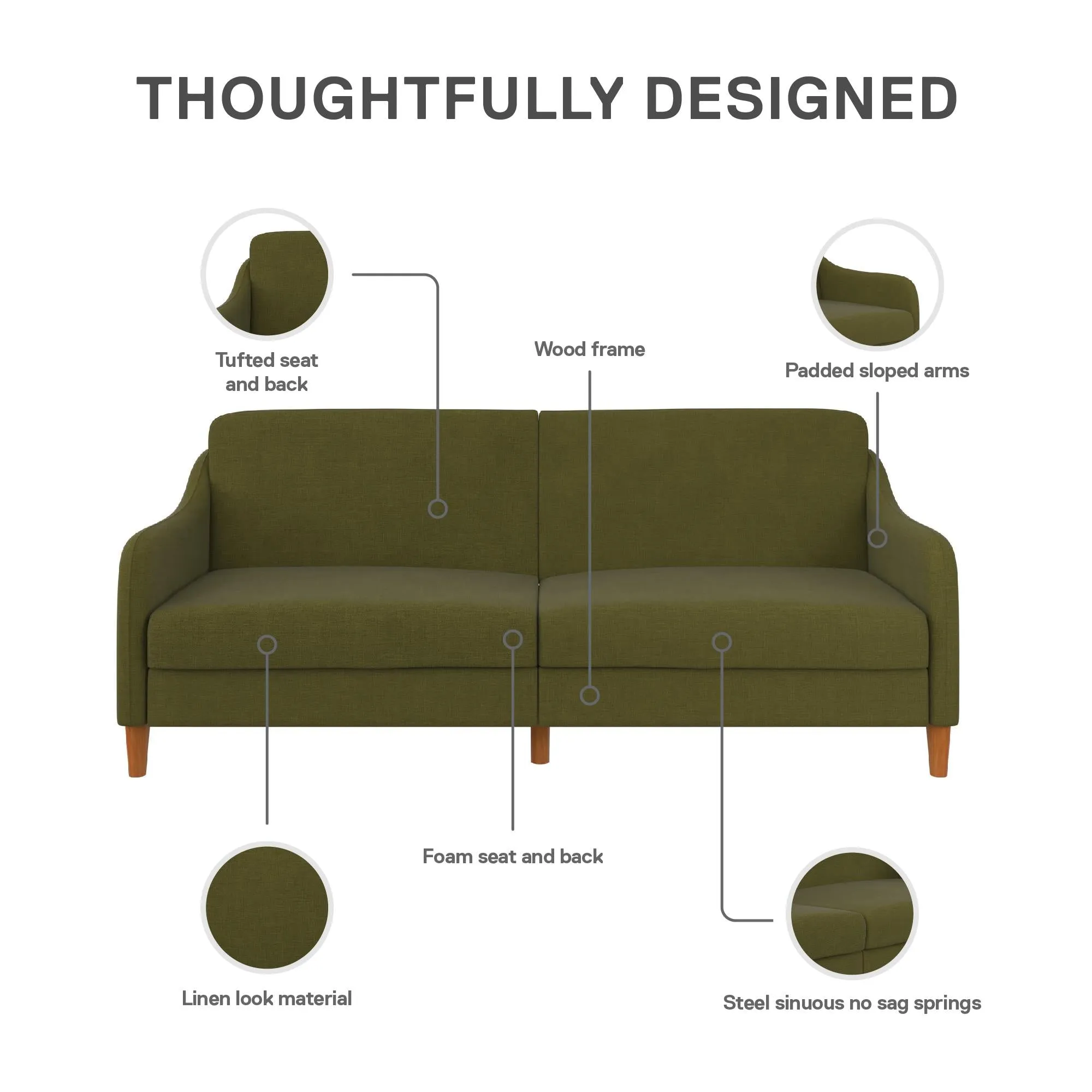 Jasper Coil Futon with Linen or Faux Leather Upholstery and Round Wood Legs