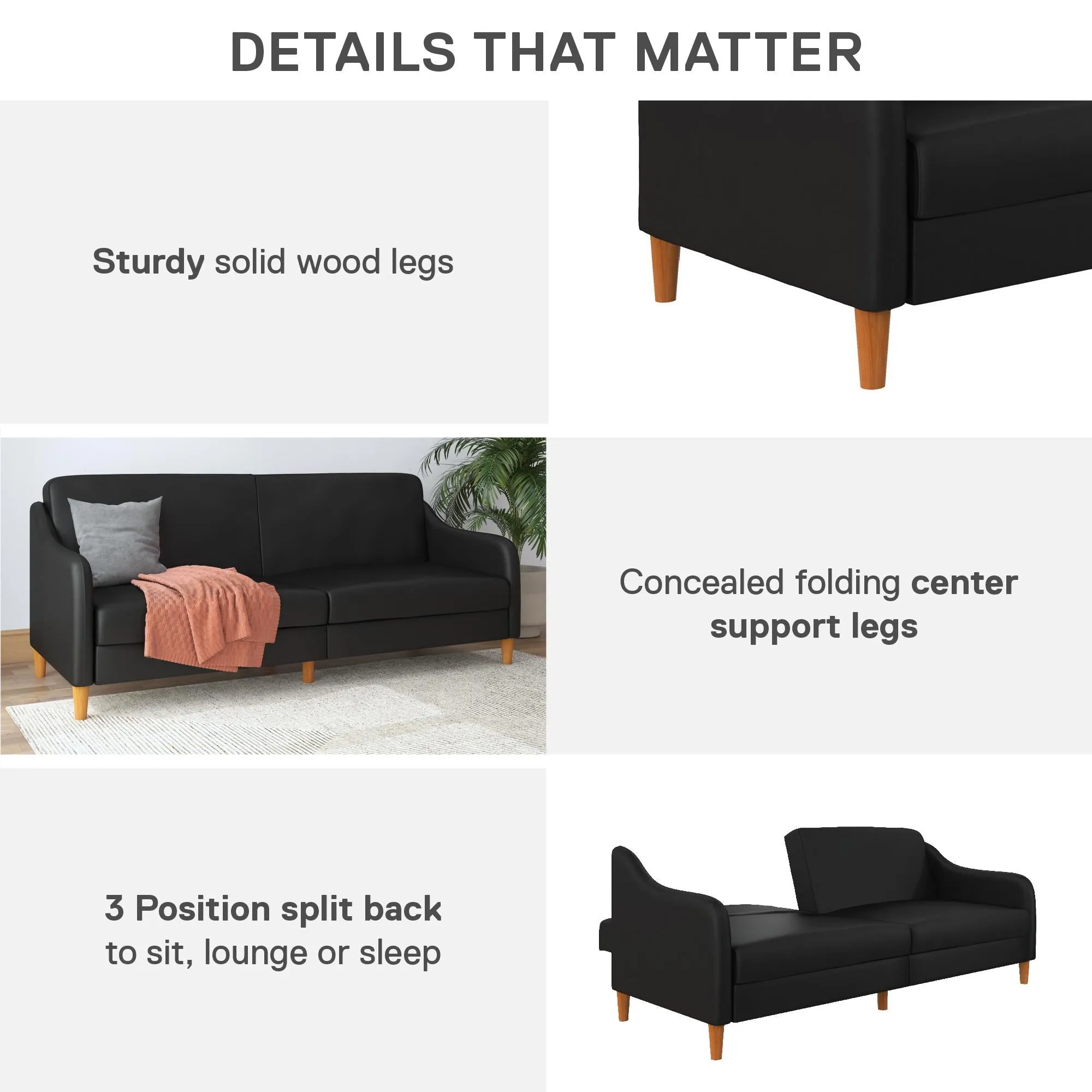 Jasper Coil Futon with Linen or Faux Leather Upholstery and Round Wood Legs