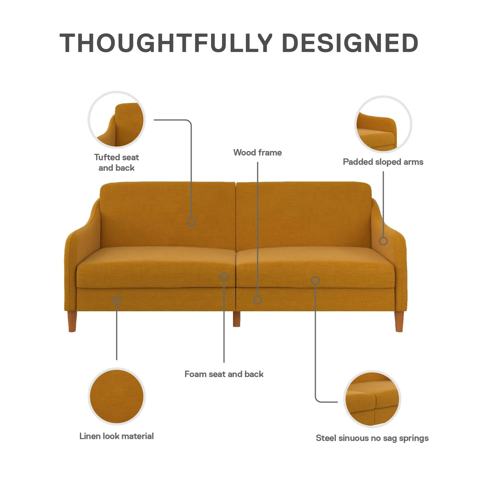 Jasper Coil Futon with Linen or Faux Leather Upholstery and Round Wood Legs