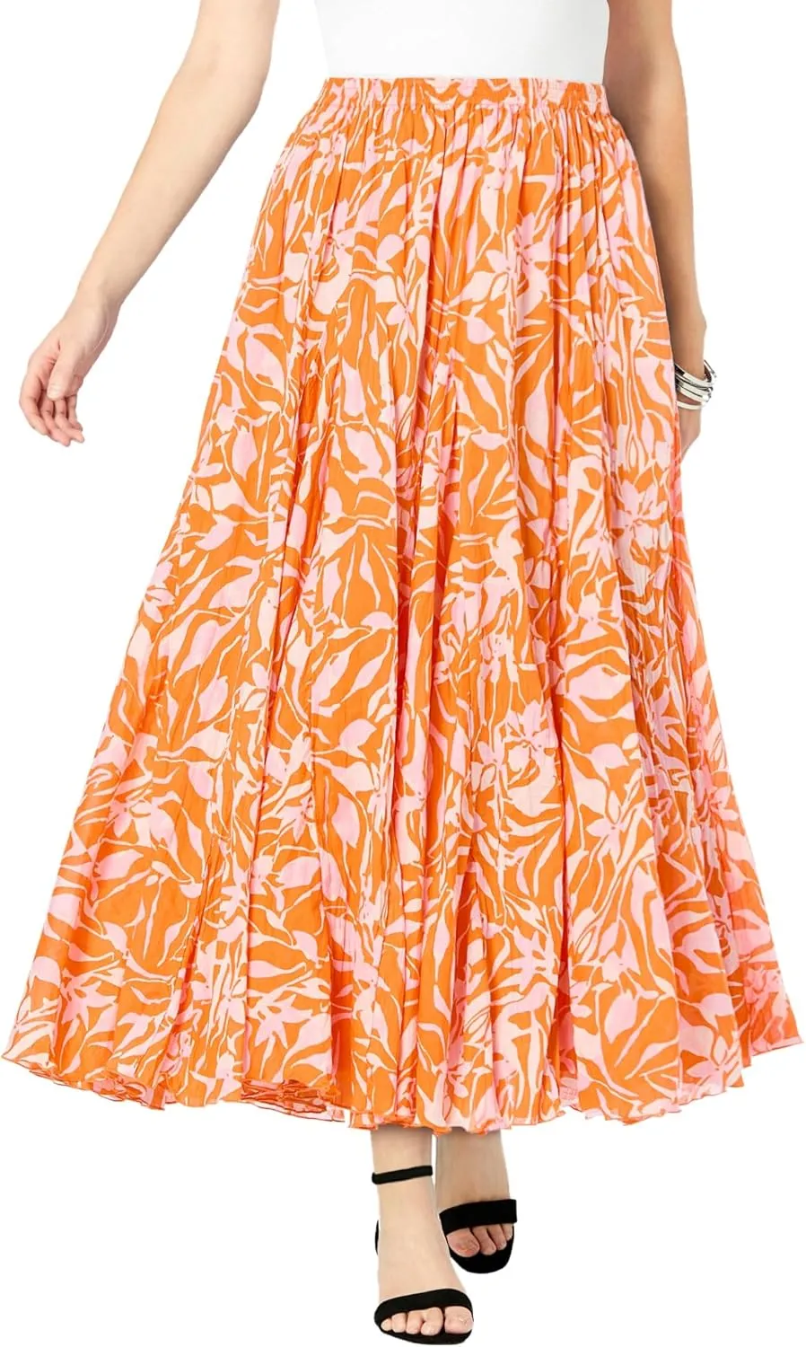 Jessica London Women's Plus Size Elastic Waist Cotton Flowing Maxi Crinkled Skirt