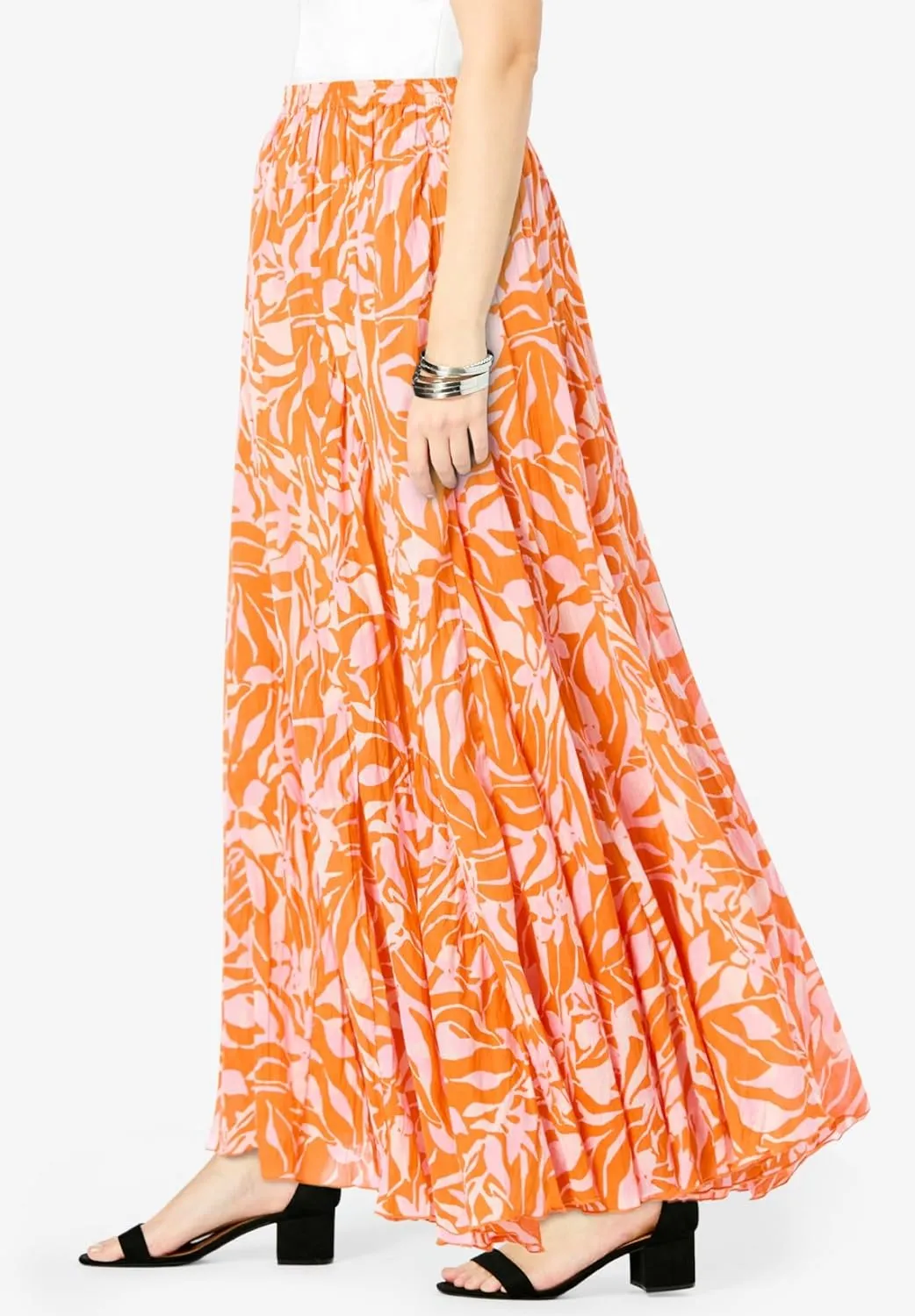 Jessica London Women's Plus Size Elastic Waist Cotton Flowing Maxi Crinkled Skirt