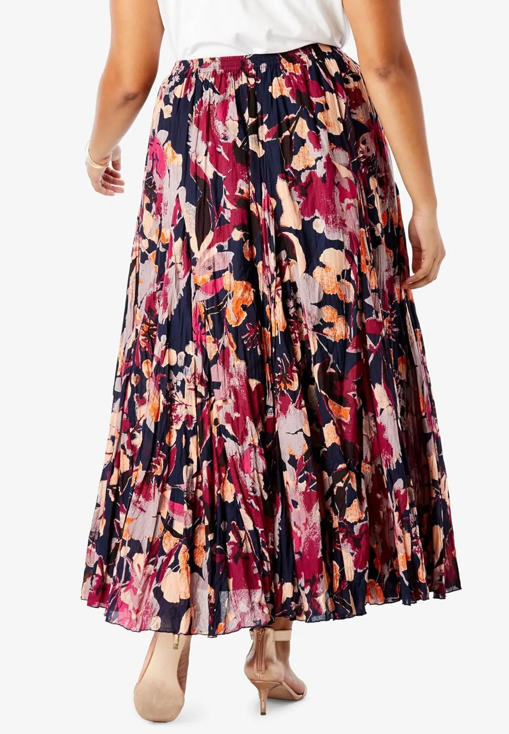 Jessica London Women's Plus Size Elastic Waist Cotton Flowing Maxi Crinkled Skirt