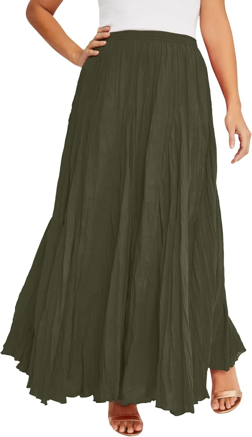 Jessica London Women's Plus Size Elastic Waist Cotton Flowing Maxi Crinkled Skirt