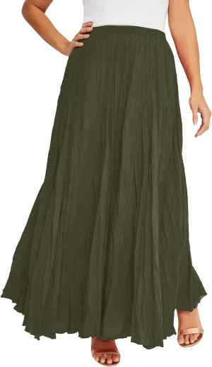 Jessica London Women's Plus Size Elastic Waist Cotton Flowing Maxi Crinkled Skirt
