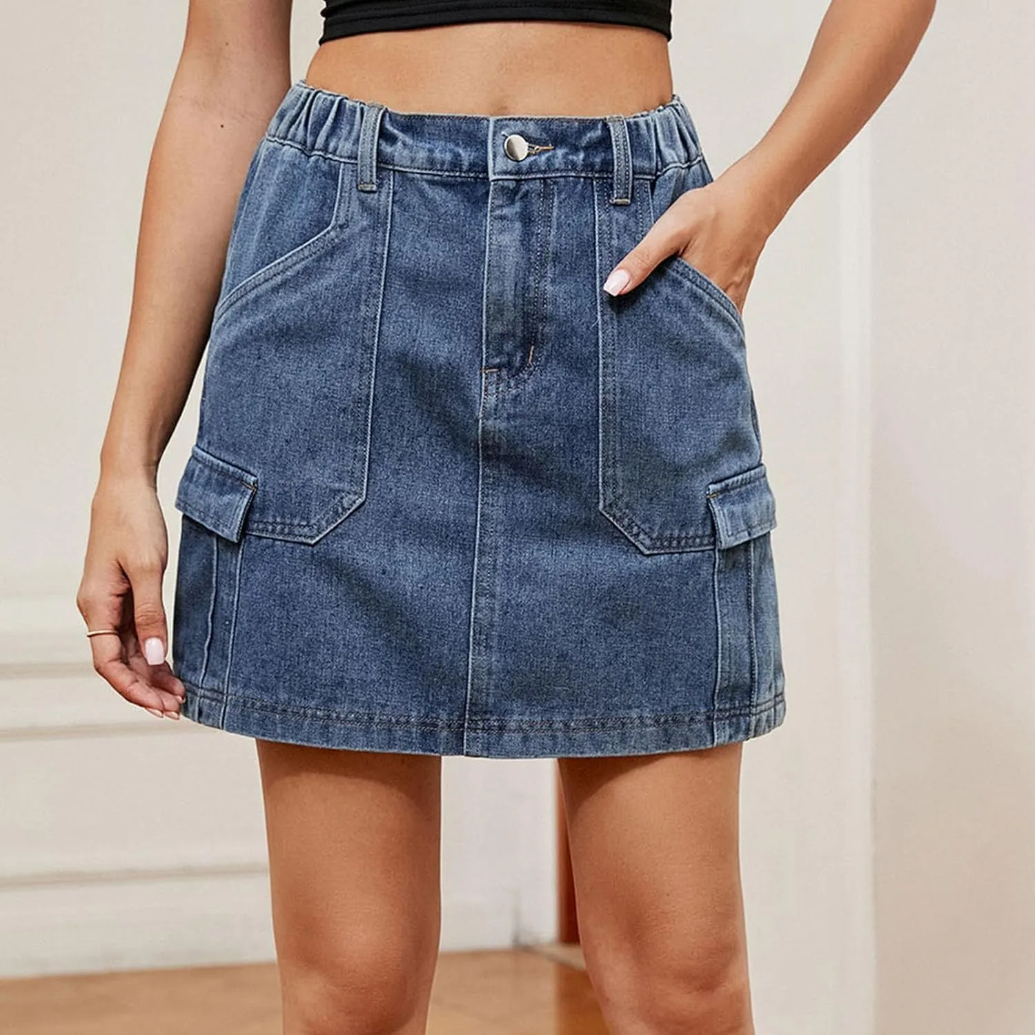 Juniors Loose Fit Faux Denim Skirts for Women Midi Knee Length Western High Cut A Line Basic Winter Fall 2024
