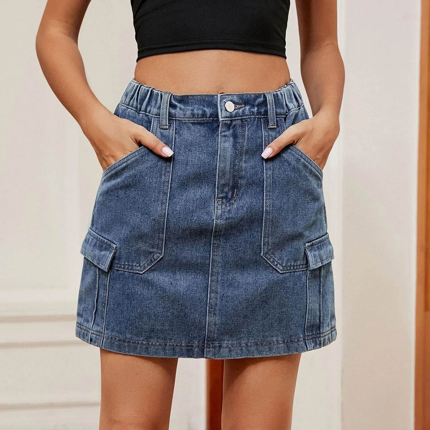 Juniors Loose Fit Faux Denim Skirts for Women Midi Knee Length Western High Cut A Line Basic Winter Fall 2024