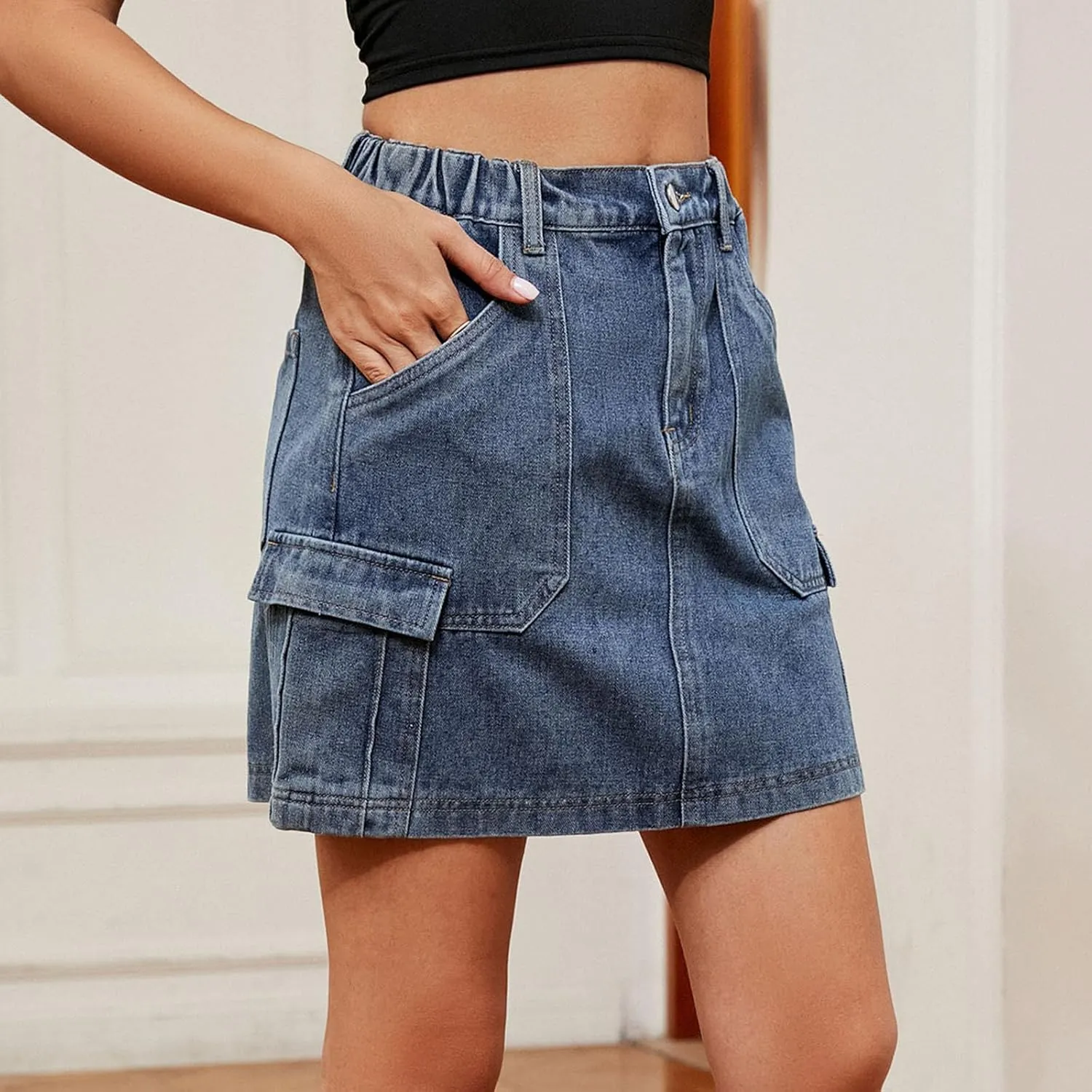 Juniors Loose Fit Faux Denim Skirts for Women Midi Knee Length Western High Cut A Line Basic Winter Fall 2024