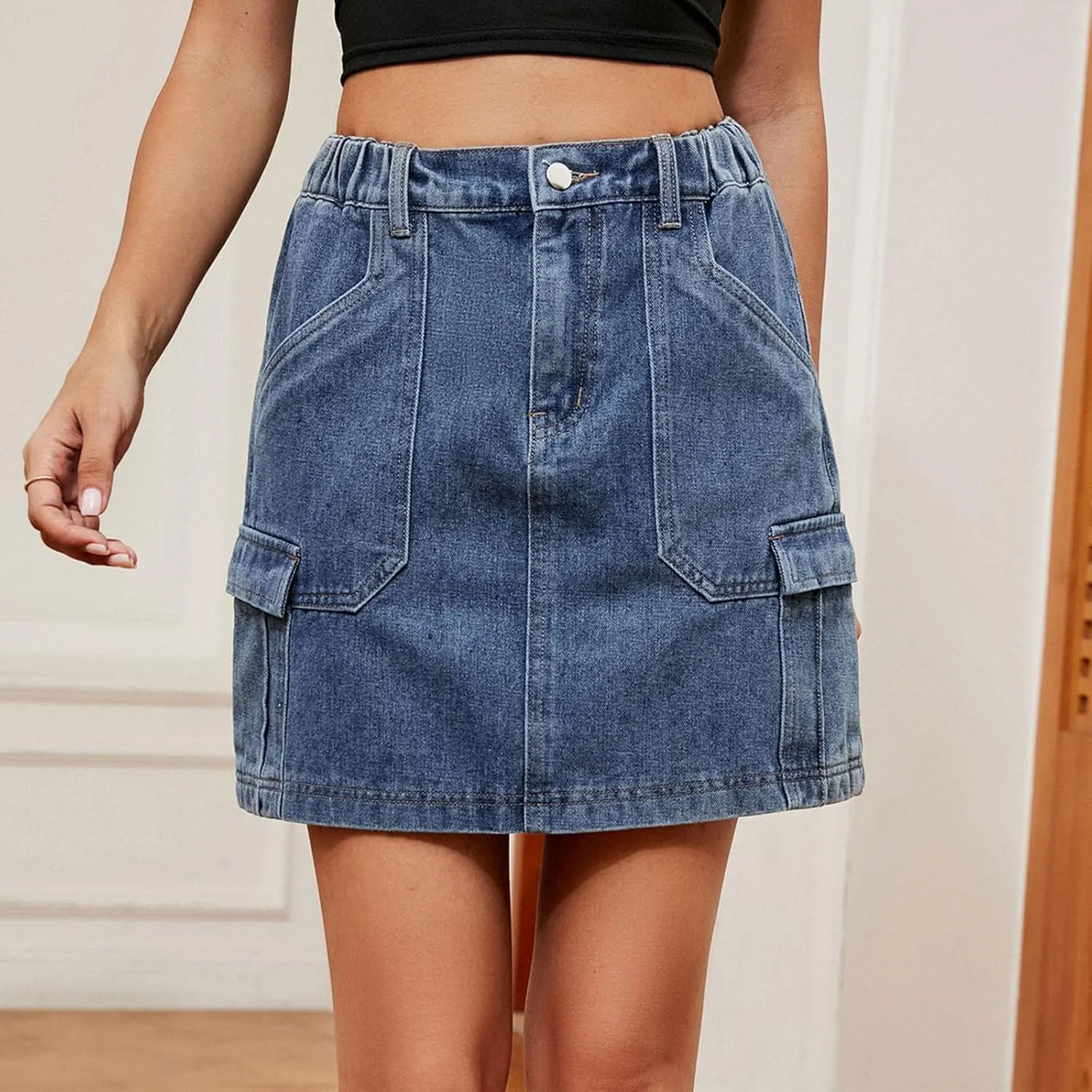 Juniors Loose Fit Faux Denim Skirts for Women Midi Knee Length Western High Cut A Line Basic Winter Fall 2024