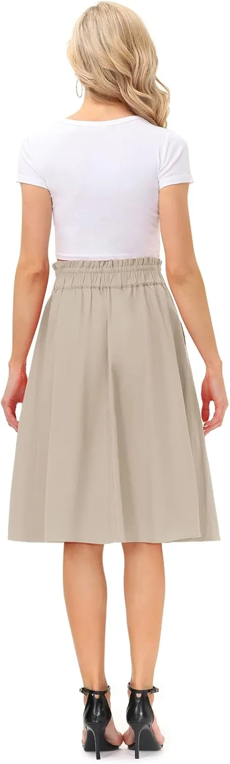 KANCY KOLE Women Casual Cotton Linen Skirts Frill Tie Waist A-Line Midi Skirt with Pockets S-XXL