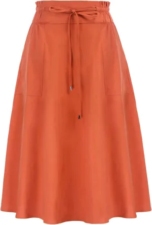 KANCY KOLE Women Casual Cotton Linen Skirts Frill Tie Waist A-Line Midi Skirt with Pockets S-XXL