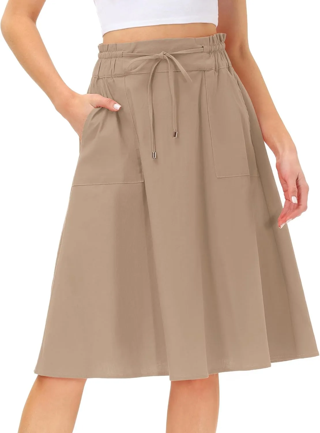 KANCY KOLE Women Casual Cotton Linen Skirts Frill Tie Waist A-Line Midi Skirt with Pockets S-XXL