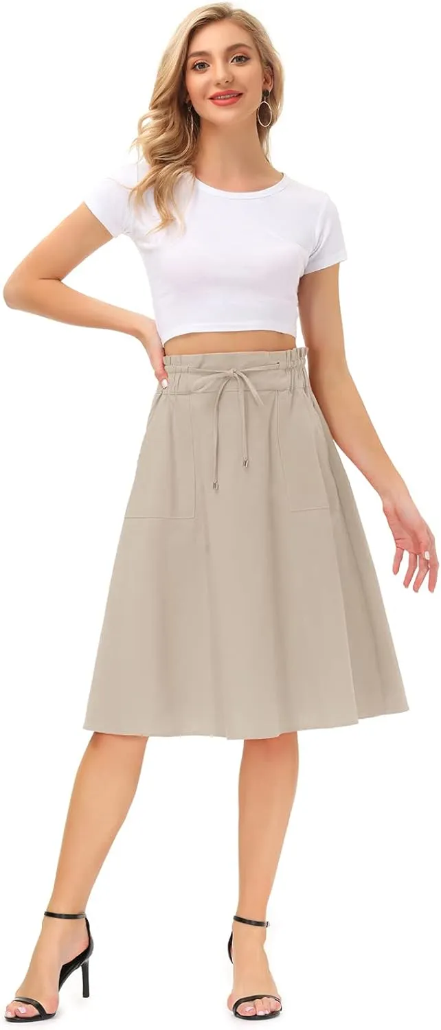 KANCY KOLE Women Casual Cotton Linen Skirts Frill Tie Waist A-Line Midi Skirt with Pockets S-XXL