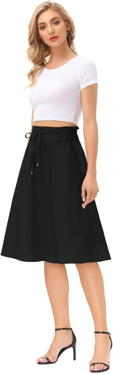 KANCY KOLE Women Casual Cotton Linen Skirts Frill Tie Waist A-Line Midi Skirt with Pockets S-XXL