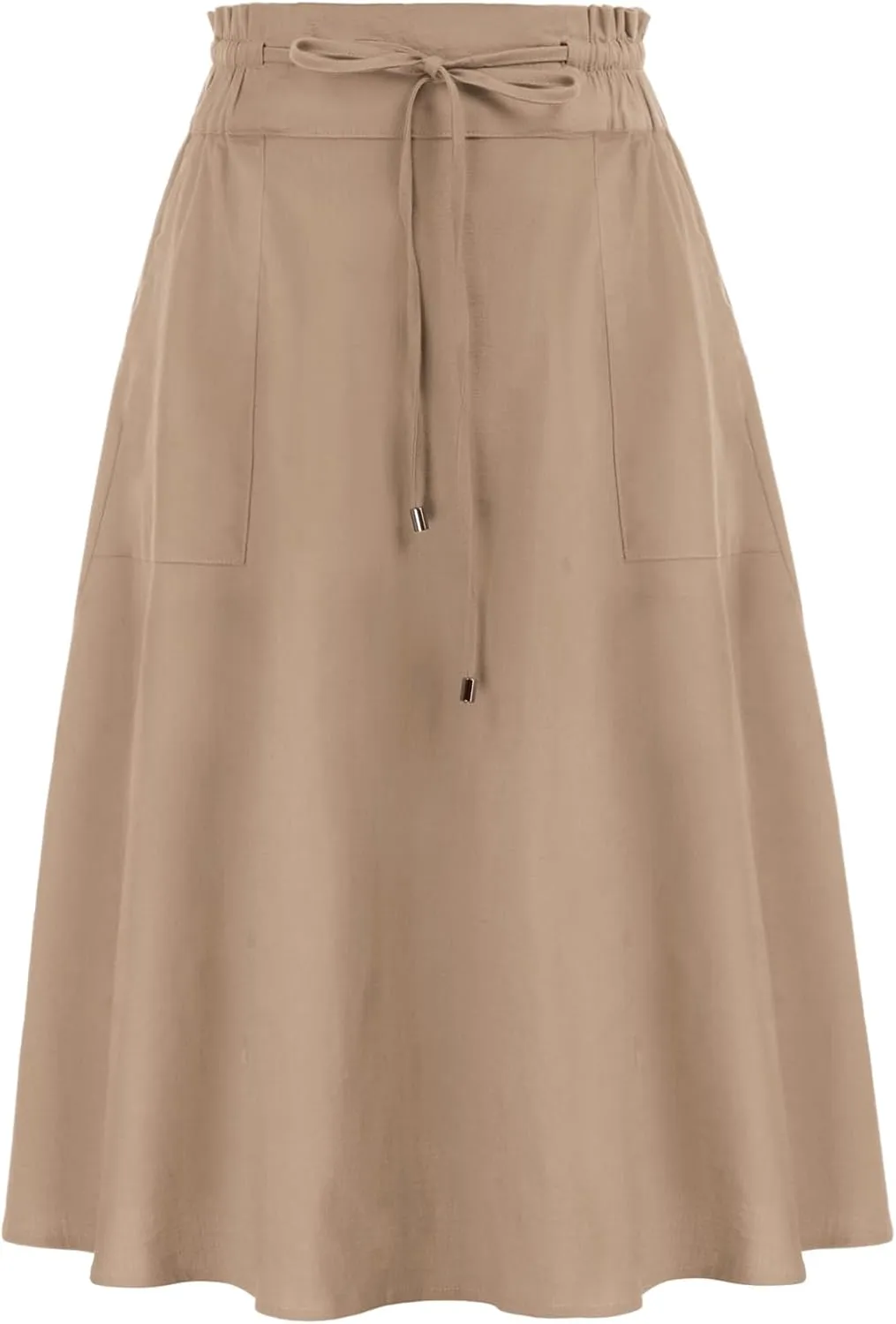 KANCY KOLE Women Casual Cotton Linen Skirts Frill Tie Waist A-Line Midi Skirt with Pockets S-XXL