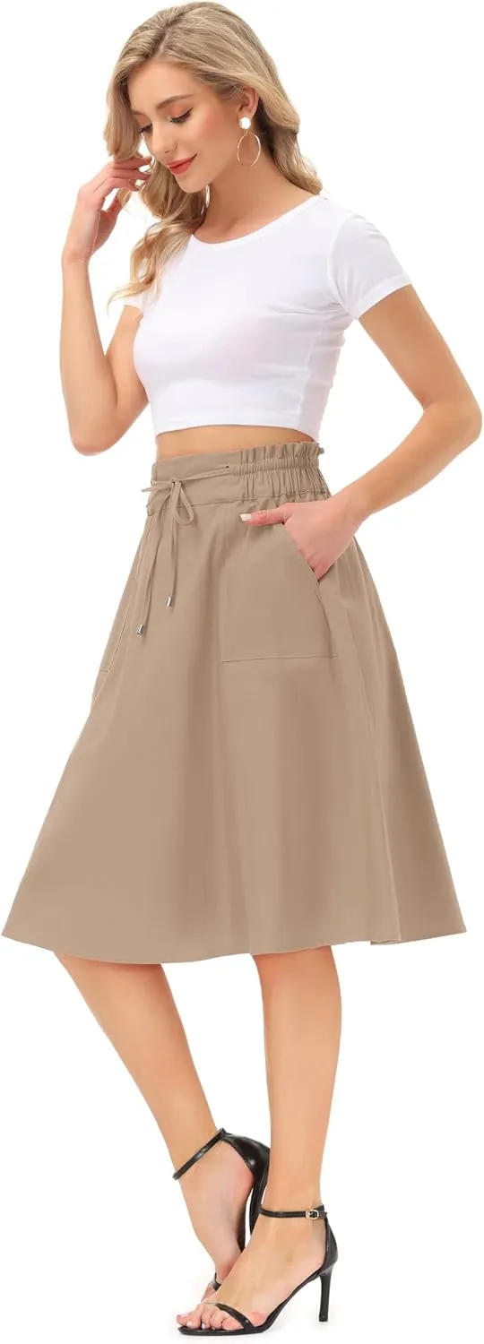 KANCY KOLE Women Casual Cotton Linen Skirts Frill Tie Waist A-Line Midi Skirt with Pockets S-XXL