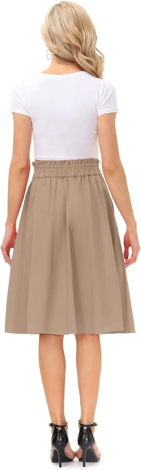 KANCY KOLE Women Casual Cotton Linen Skirts Frill Tie Waist A-Line Midi Skirt with Pockets S-XXL