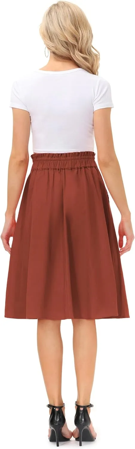 KANCY KOLE Women Casual Cotton Linen Skirts Frill Tie Waist A-Line Midi Skirt with Pockets S-XXL