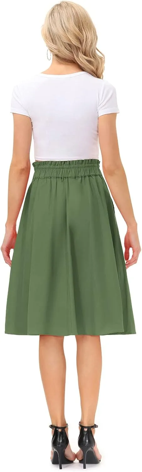 KANCY KOLE Women Casual Cotton Linen Skirts Frill Tie Waist A-Line Midi Skirt with Pockets S-XXL