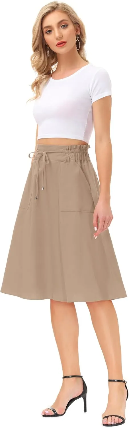 KANCY KOLE Women Casual Cotton Linen Skirts Frill Tie Waist A-Line Midi Skirt with Pockets S-XXL
