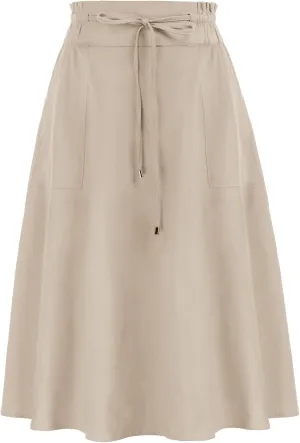 KANCY KOLE Women Casual Cotton Linen Skirts Frill Tie Waist A-Line Midi Skirt with Pockets S-XXL