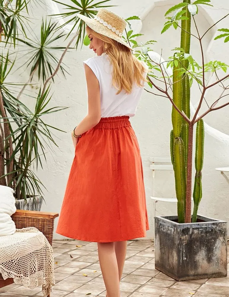 KANCY KOLE Women Casual Cotton Linen Skirts Frill Tie Waist A-Line Midi Skirt with Pockets S-XXL