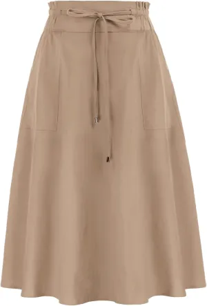 KANCY KOLE Women Casual Cotton Linen Skirts Frill Tie Waist A-Line Midi Skirt with Pockets S-XXL