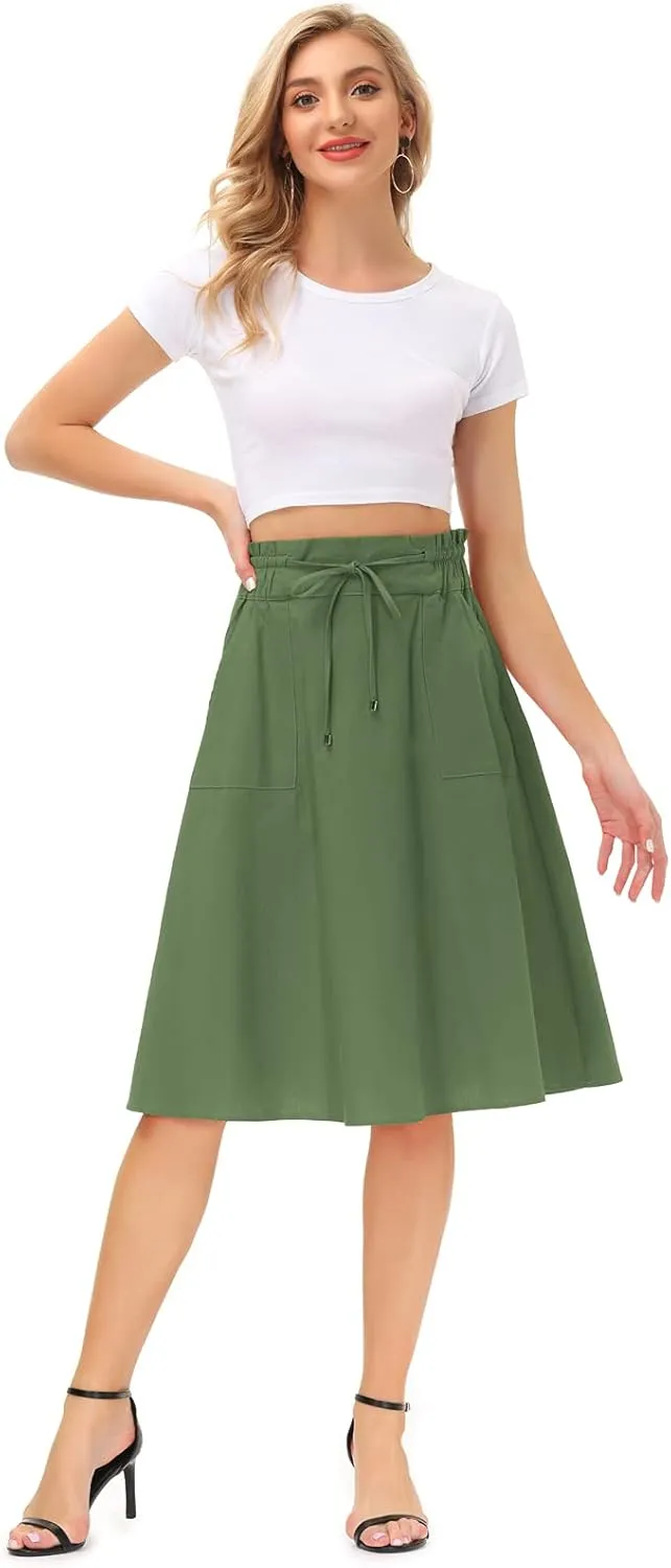 KANCY KOLE Women Casual Cotton Linen Skirts Frill Tie Waist A-Line Midi Skirt with Pockets S-XXL