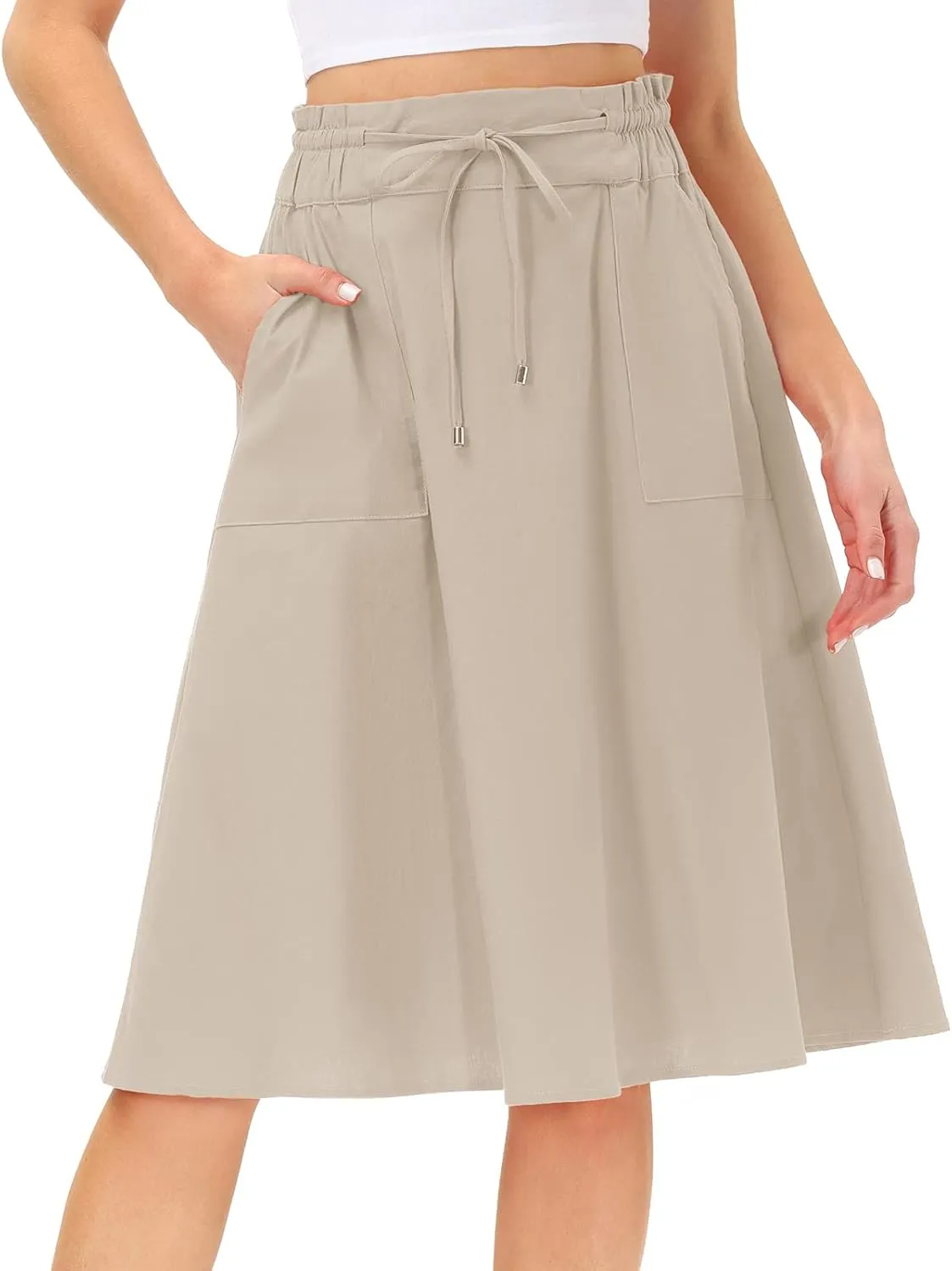KANCY KOLE Women Casual Cotton Linen Skirts Frill Tie Waist A-Line Midi Skirt with Pockets S-XXL