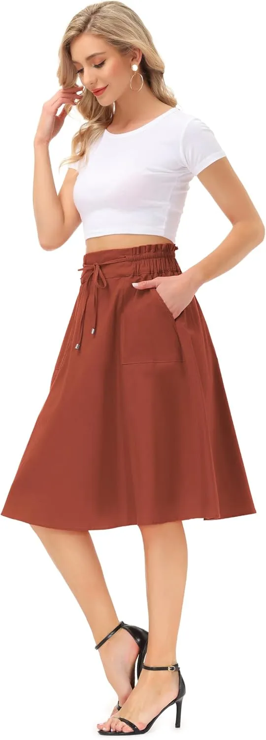 KANCY KOLE Women Casual Cotton Linen Skirts Frill Tie Waist A-Line Midi Skirt with Pockets S-XXL