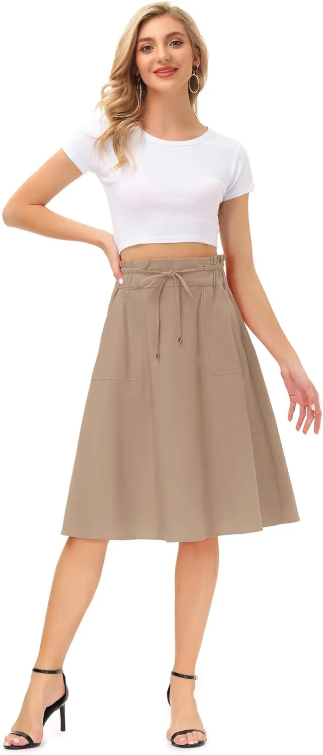 KANCY KOLE Women Casual Cotton Linen Skirts Frill Tie Waist A-Line Midi Skirt with Pockets S-XXL