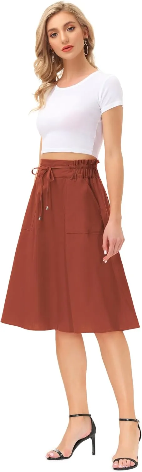 KANCY KOLE Women Casual Cotton Linen Skirts Frill Tie Waist A-Line Midi Skirt with Pockets S-XXL
