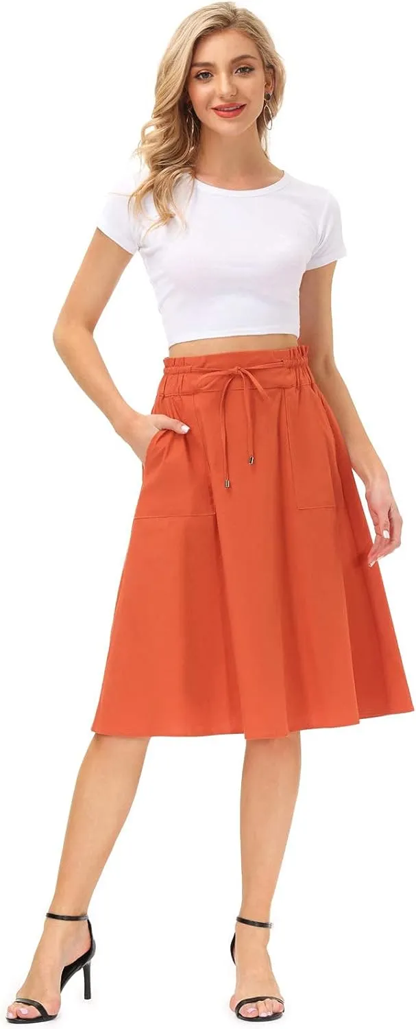 KANCY KOLE Women Casual Cotton Linen Skirts Frill Tie Waist A-Line Midi Skirt with Pockets S-XXL